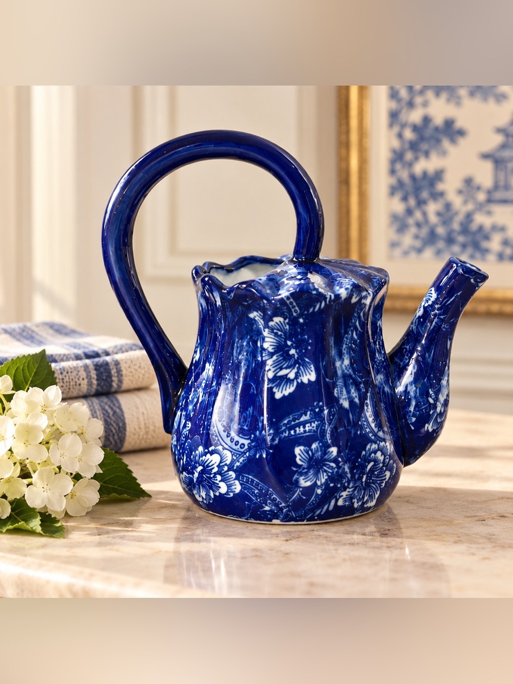 Vintage Cobalt Blue White Chinoiserie Porcelain Teapot Loop Handle Floral